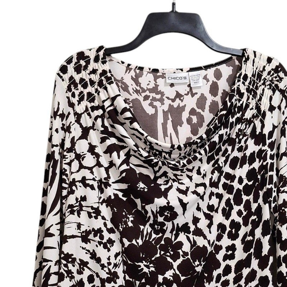 Chicos Top 2 US M 12 Black White Cowl Neck 3/4 Sleeve Animal Floral Smocked